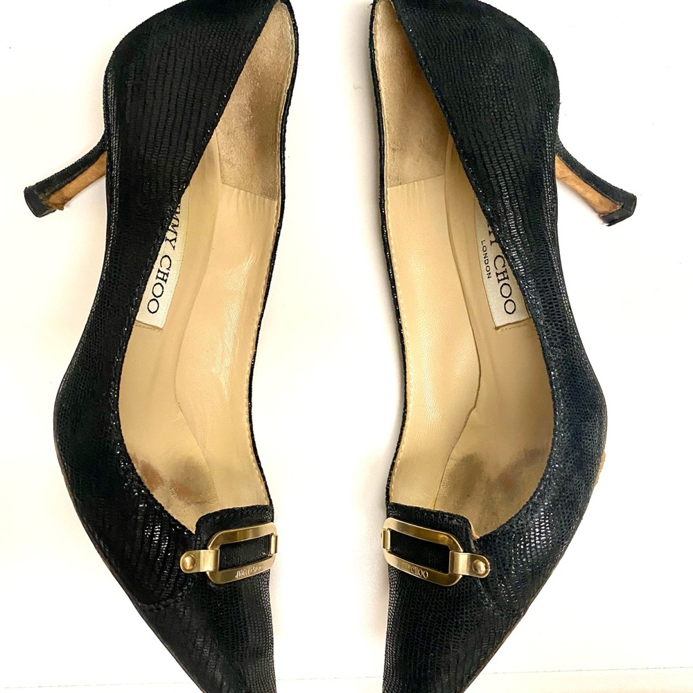 Size 36.5 Jimmy Choo low heel, pointy black leather with gold buckle. - Picture 6 of 9